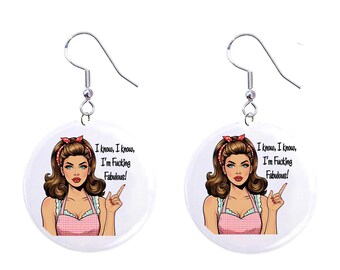 Funny 50's Lady Jewelry Metal Button Novelty Earrings 1 inch diameter MADE in USA