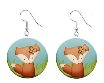 Fox Cartoon Jewelry Metal Button Novelty Earrings 1 inch diameter MADE in USA