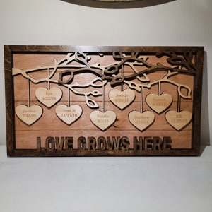 Hanging Hearts Family Sign,Personalize frame, Engraved names sign with hearts,Tree Décor,Personalized Gift, Hanging Heart Name, layered sign
