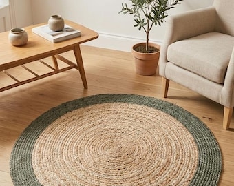 Tappeto intrecciato in juta naturale con bordo verde oliva – Tappeto ovale fatto a mano / Soggiorno, Camera da letto, Corridoio, Camera dei bambini, Ufficio / Oro, Verde