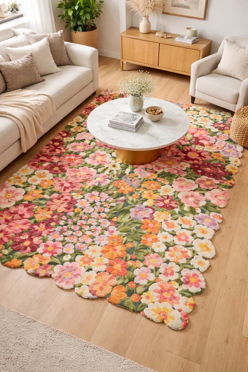 Pu&ograve; includere: Un colorato tappeto floreale con bordo smerlato. Il tappeto presenta un fitto motivo di fiori nei toni del rosa, arancione, giallo e bianco, creando un aspetto vibrante e invitante. Il tappeto &egrave; posato su un pavimento in legno.