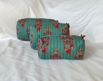 Handmade Block Print Quilted Cotton Toiletry Pouch Set of 3 | Water Resistant Lining, Pocketed Interior | Eco-Friendly Travel Cosmetic Bags