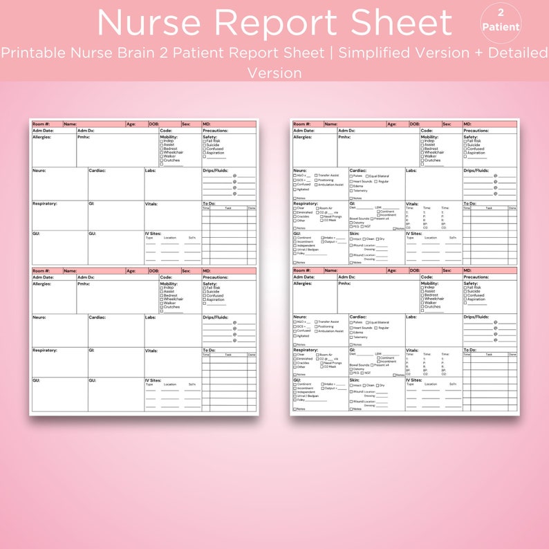 Nurse 2 Patient Report Sheet Printable PDF Template | Nurse Brain ...