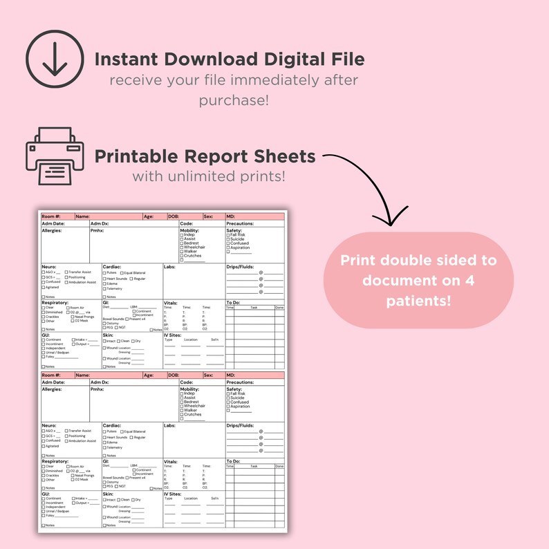 Nurse 2 Patient Report Sheet Printable PDF Template Nurse Brain Medsurg