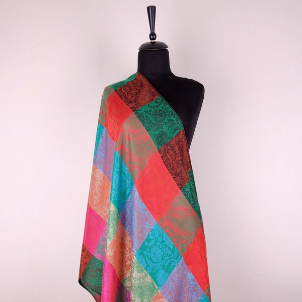 Red and Green Colorful, Long Pashmina Cashmere, 2 sided, multi colored-functions pashmina scarf