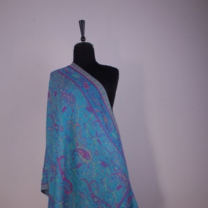 Blue  Red ethnic cashmere, yellow pattern double sided Long Shawl, gift for her, oversize stole pashmina scarf