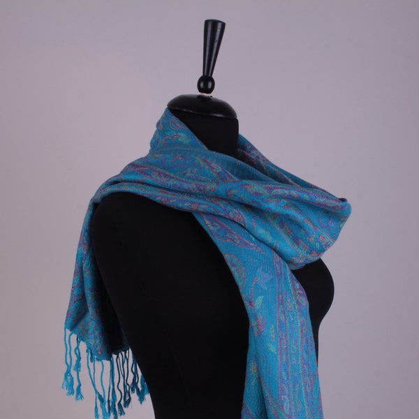 Soft Blue Cashmere Beatiful Pattern, Long Shawl, gift for her and valentines day, multi colored multi functions pashmina scarf.