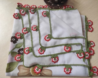 White Green Red Big Floral Traditional Turkish Oya Yazma, %100 Handmade, gift for her, multi colored multi functions cotton scarf.