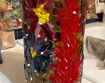 Wildflower Stained Glass Mosaic Vase - Handcrafted Outdoor Decor - Weatherproofed Glass Art - Reflective Flower Vase - Recycled Materials