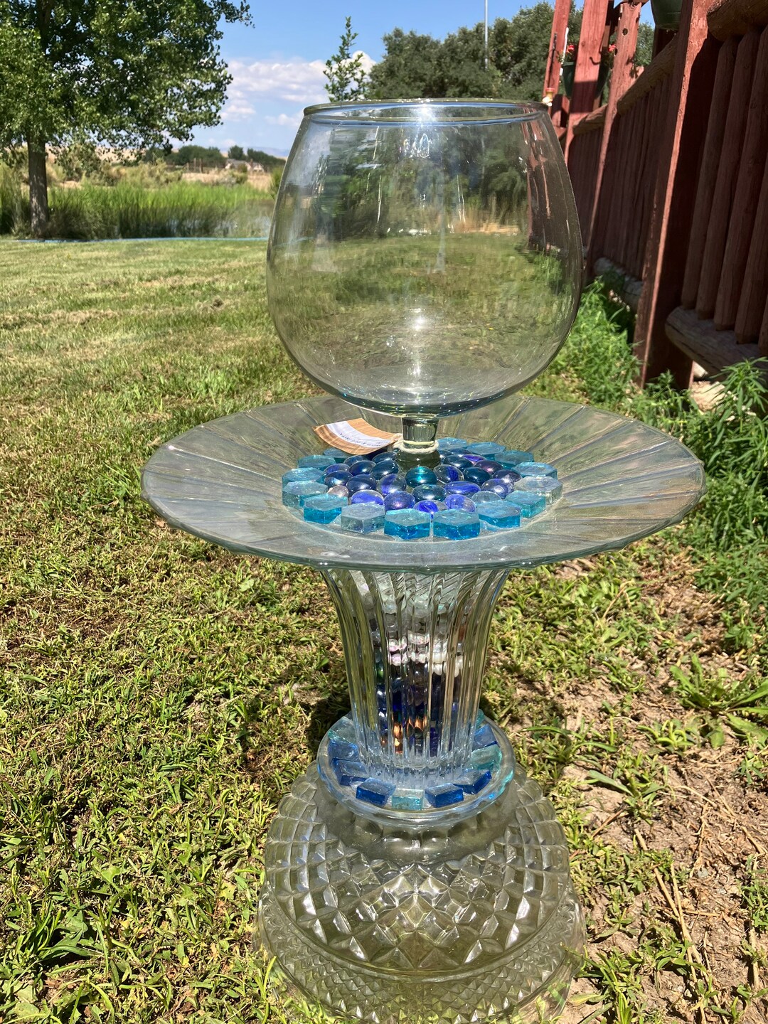 Blue Glass Mosaic Bird Bath Outdoor Garden Decor Fishbowl Style Yard