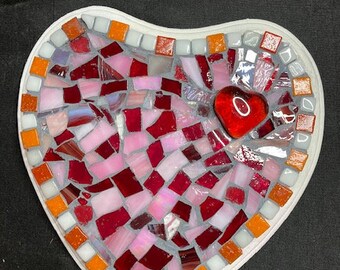 7' Heart, mosaic with stained glass, glass tiles, glass heart art