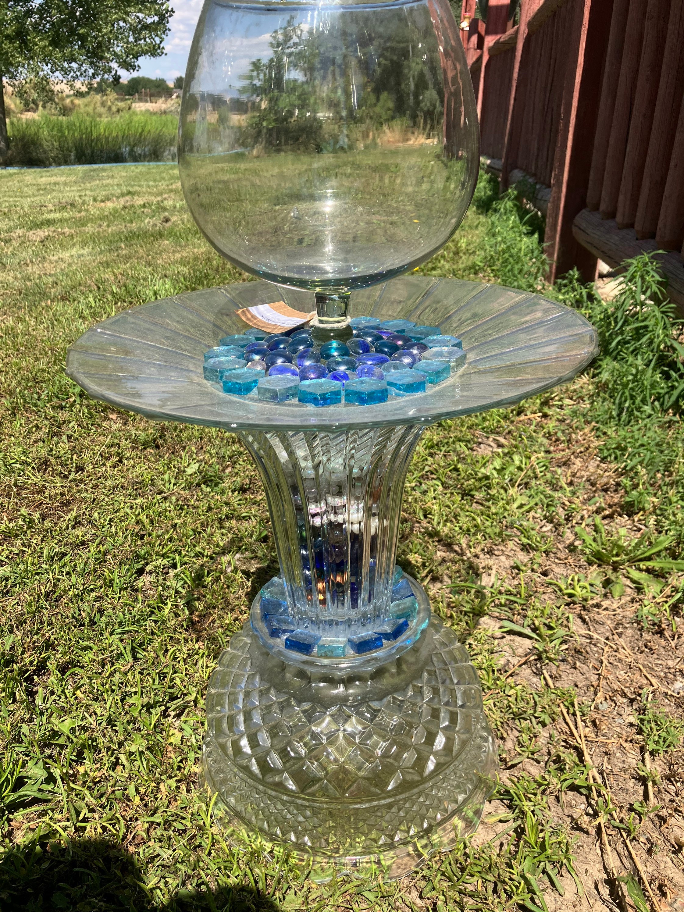 Blue Glass Mosaic Bird Bath Outdoor Garden Decor Fishbowl Style Yard