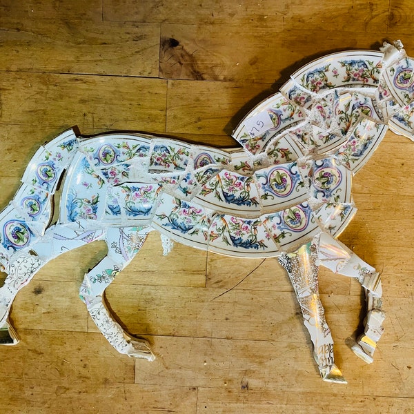 Medium wild  horse, Picassiette style Mosaic of Broken antique china flowered tea cups