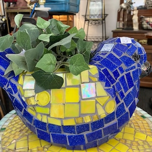 Yard Art, Bird Mosaic Planter Garden Art - Blue and White Glass Tiles - Outdoor Garden Decor - Birdwatcher's Delight- Upcycled Materials