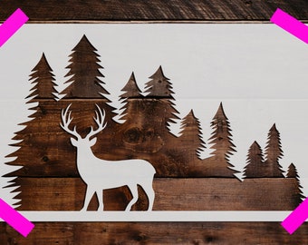 Deer in the Forrest Stencil, Reusable Deer in the Forrest Stencil,  DIY Craft Stencil, Large Deer in the Forrest Stencil, Trees