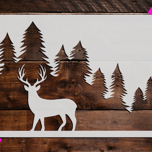 Deer in the Forrest Stencil, Reusable Deer in the Forrest Stencil,  DIY Craft Stencil, Large Deer in the Forrest Stencil, Trees