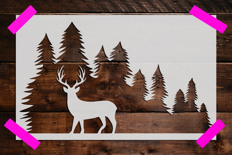 Deer in the Forrest Stencil, Reusable Deer in the Forrest Stencil, DIY Craft Stencil, Large Deer in the Forrest Stencil, Trees imagem 1