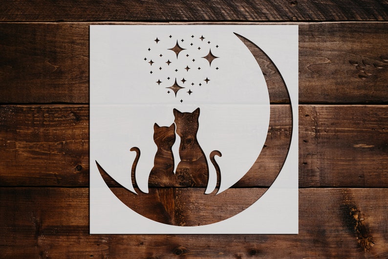 Two Cats on the Moon Stencil, Reusable Two Cats on the Moon Stencil, Art Stencil DIY Craft Stencil, Painting Stencil, Two Cats on the Moon image 2