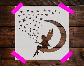 Fairy on the Moon Stencil, Reusable Fairy on the Moon Stencil, Art Stencil - DIY Craft Stencil, Painting Stencil, Fairy on the Moon