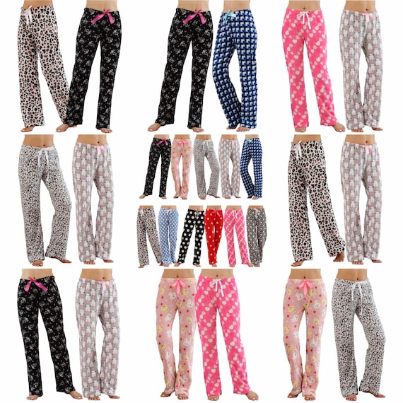 2 Pack Womens Soft Plush Fleece Pajama Pants, Pattern 41-48 