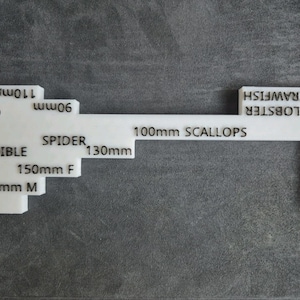 Op de afbeelding: Een witte plastic meetlat met zwarte tekstmarkeringen voor diverse zeedieren zoals CRAWFISH, LOBSTER, 100mm SCALLOPS, SPIDER en EDIBLE, inclusief lengte-indicatoren zoals 110mm, 90mm, 130mm, 150mm F en 160mm M.