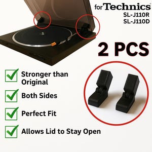 Puede incluir: Bisagras de repuesto negras para tocadiscos Technics SL-J110R y SL-J110D. La imagen muestra un tocadiscos con las bisagras en su lugar y dos bisagras de repuesto. El texto indica que las bisagras son más fuertes que las originales y permiten que la tapa permanezca abierta.