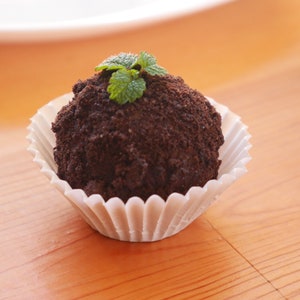 Photo of a chocolate peppermint truffle. with a mint garnish.