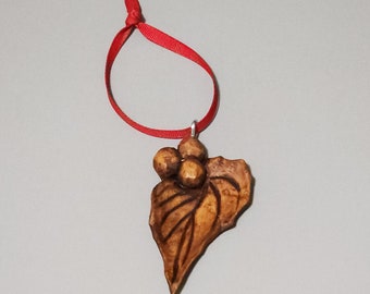 Teak Holly Leaf and Berry Christmas Ornament