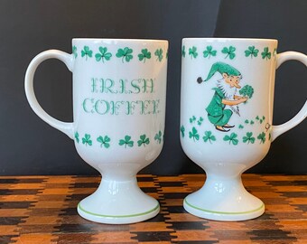 Vintage Irish Coffee Set Of 2 Cups With Leprechauns And Shamrocks For Saint Patricks Day Kitchen Ware. Saltera Japan. Gift For Coffee Lover.