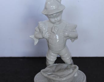Vintage Boy With Fish Figurine. White Ceramic, Dresden, MINT Condition, Rustic Grandmacore Mantel Decor, Housewarming, Hostess, Collector.