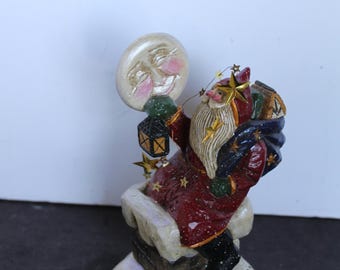 Vintage Santa Claus and Moon Resin Figurine. Pam Schifferl, Folk Art Style, When the World Depends on You, Kitschy Grandmacore Christmas.