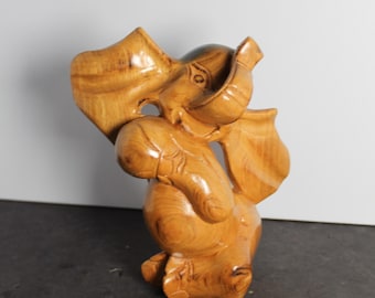 Vintage Carved Wooden Elephant Figurine. Large Ears, Dancing, Whimsical Grandmacore Mantel, Made In Philippines, Housewarming, Hostess.