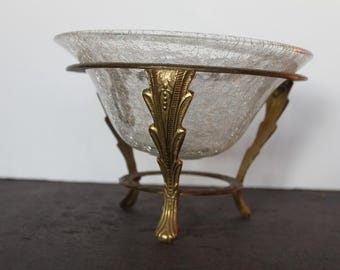 Vintage Brass Display Stand With Crackle Glass Bowl. Feathered Arrow Tripod Legs, Potpourri Bowl, Witchy Mantel Decor, Crystal Ball Gift.