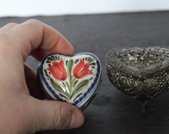 Vintage Heart Shaped Jewelry Boxes Or Trinket Holders. Silver Tone Metal, Folk Art Ceramic, Romantic Grandmacore Vanity Decor, Host Gift.