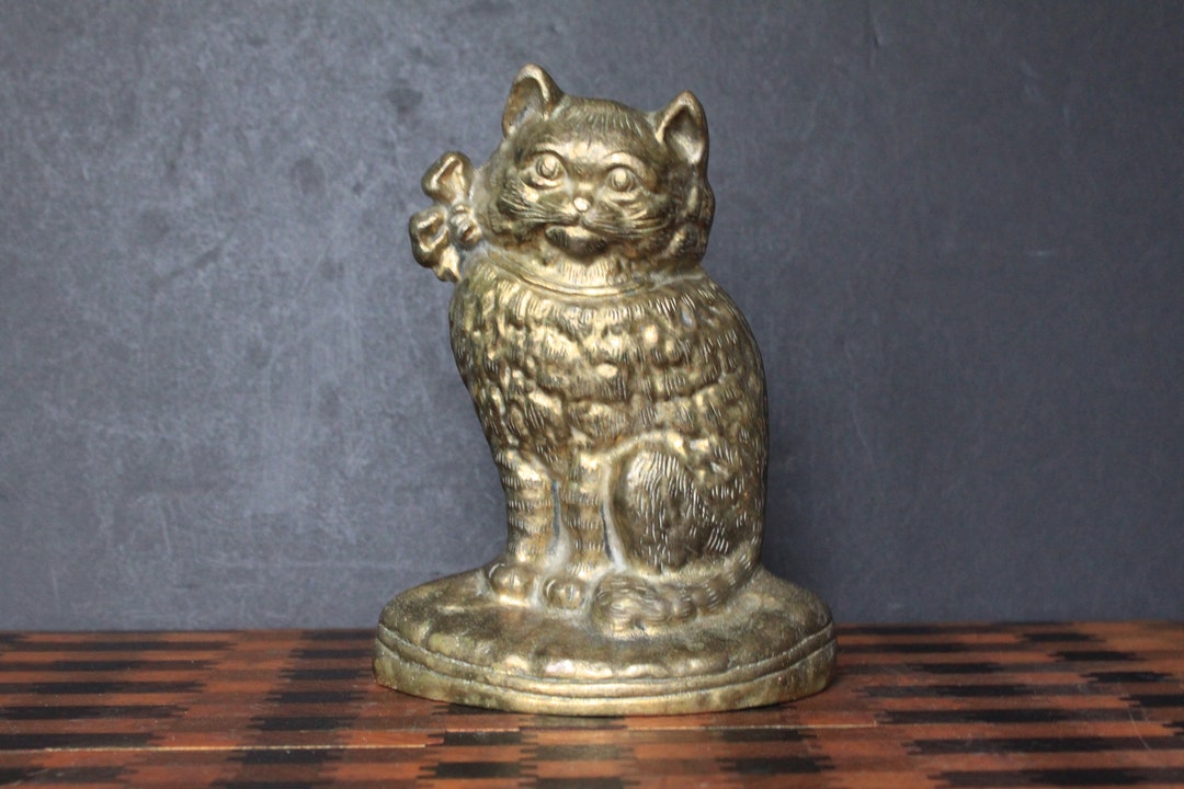 Vintage Brass Cat Door Stop. Cast Brass, Heavy Weight Feline, Crazy Cat Lady Gift, Cute Cat W