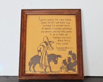 Vintage Man and Donkey Framed Print. Heads You Win, Tails You Lose, Humorous Saying, Southwestern, Man Cave, Bar Ware, Grandmacore Gift.