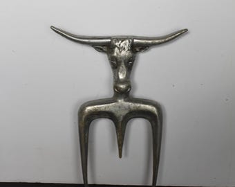 Vintage Bulls Head Carving Fork. Cast Aluminum, Steers Head, Rustic Kitchen Decor, Housewarming, Hostess, Gift For A Collector.