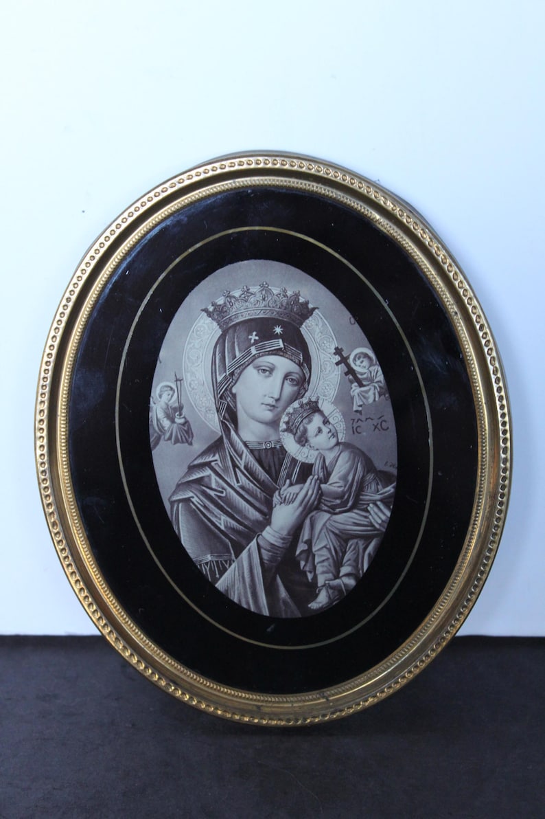 Vintage Our Lady of Perpetual Help Wall Hanging. Brass Oval Frame ...