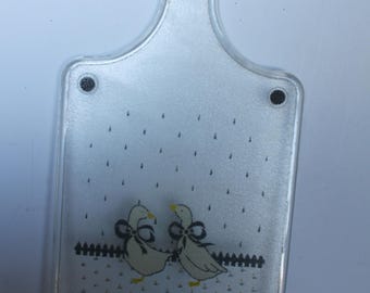 Vintage Geese Cutting Board. Plastic, Kitschy Grannycore, White Geese, Blue Ribbon, DAMAGE, Rustic Kitchen Ware, Housewarming, Hostess Gift.