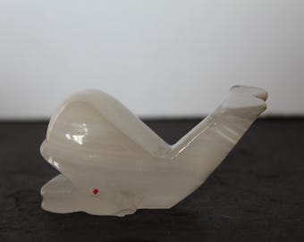 Vintage White Onyx Whale Figurine. Red Eyes, Nautical Mantel Decor, Grandmacore Bathroom, Gift For A Collector, Whale Lover.