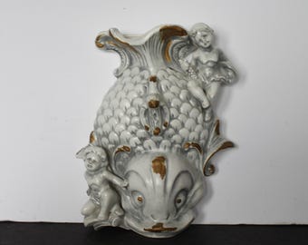 Vintage Dolphin Fish and Cherub Ceramic Wall Pocket. Succulent Planter, Grey and Gold, Unique, Rare, HTF, Gift For A Collector, Hostess.