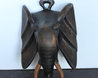 Vintage Carved Wooden Elephant Head. Wall Hanging, Exotic Grandmacore Decor, Housewarming, Hostess, Gift For A Collector, Unique.