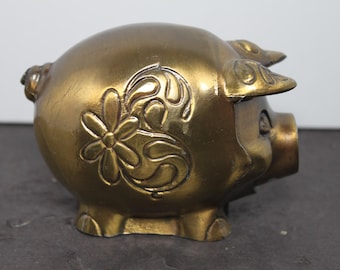 Vintage Floral Piggy Bank. Gold Tone Metal, Advertisement Piece, Housewarming, Hostess, Gift For A Collector, Retro Groovy Grandmacore Decor