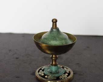 Vintage Israeli Saccharin Server. Sugar Bowl With Lid, Made In Israel, Brass With Green Enamel, Bougie, Exotic Grandmacore Table Decor.