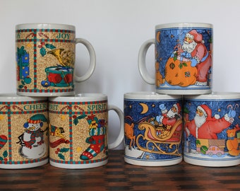 Christmas Coffee Cup Set For Vintage Holiday Kitchen Ware. Set Of 6 Ceramic Mugs, Joy, Spirit, Cheer, Santas Sleigh, Toys. Coffee Tea Gift.
