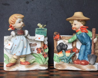 Vintage Spring Planters. Boy and Girl, Ceramic, Set Of 2, Girl W/ Heart Stamped Envelope, Boy Petting Dog, Kitschy Grandmacore Hostess Gift