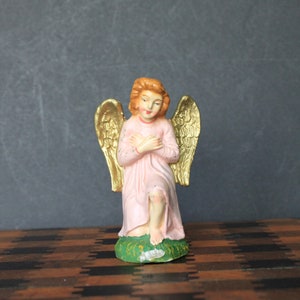 Vintage Plaster Angel. Kneeling Angel, Gold Wings, Pink Robe, Made In Italy, Nativity Replacement Piece, Housewarming, Hostess Gift.