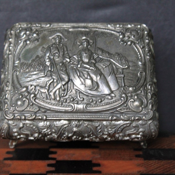 Vintage Metal Repousse Trinket Box. Silver Metal, Rectangle Shape With Legs, Red Velvet Lining, Romantic Colonial Couple With Dog, Host Gift