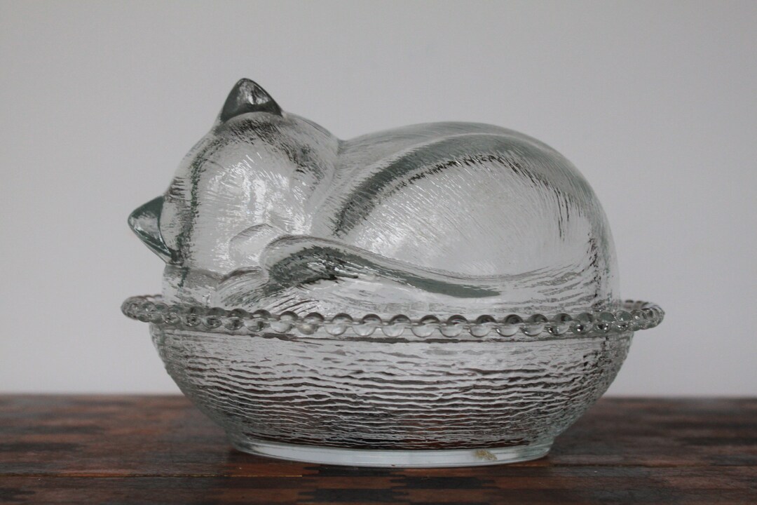 Vintage Sleeping Cat Candy Dish. Clear Glass Dish With Lid Etsy