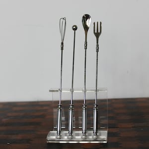 Vintage Cocktail Stirring Set. Set of 4 Steel Drink Mixers, Made In Taiwan, Lucite Base, Man Cave Bar Ware, Minimalist Housewarming, Hostess